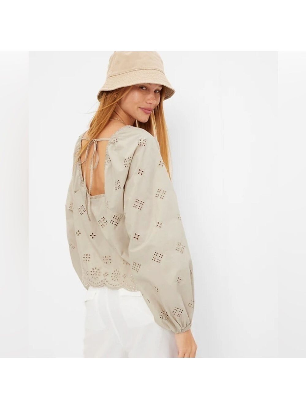 Gap NWT ecru square neck cotton balloon sleeve eyelet top XXL